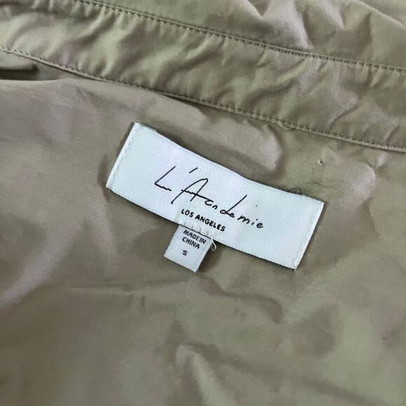 L Academie Beige Tan Mini Shirt Dress Ruched Skirt Tie Sleeves Sz S - Picture 6 of 8